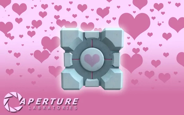 HD PC desktop wallpaper featuring the Companion Cube from Portal, surrounded by pink hearts on a gradient pink background, with the Aperture Laboratories logo.