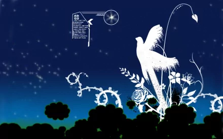Artistic HD vector wallpaper featuring a white bird amidst floral designs against a starry night sky background.