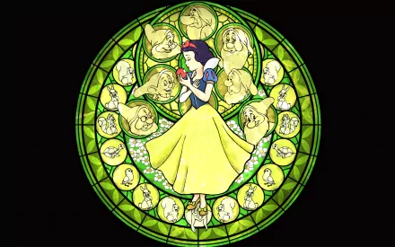 A vibrant HD wallpaper featuring Snow White surrounded by the Seven Dwarfs in a stained glass style, capturing the essence of the classic movie Snow White and the Seven Dwarfs.