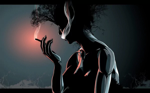 HD desktop wallpaper featuring an artistic silhouette of a human smoking, with pink smoke blending into the black background. The composition is visually striking and dramatic.