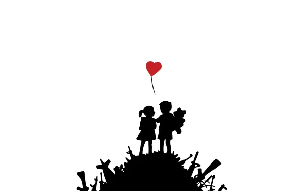 Artistic HD wallpaper showcasing the silhouette of two children holding hands, standing amid various objects, with a red heart-shaped balloon rising above them, symbolizing love.