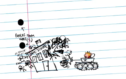 Calvin, from Calvin & Hobbes, orchestrates a playful attack on a school building, embodying childhood rebellion, all set against a lined notebook background.