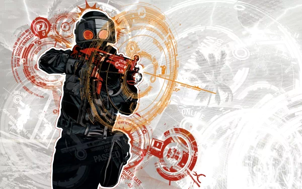 HD desktop wallpaper featuring an artwork from the video game Counter-Strike: Global Offensive, showcasing a character in tactical gear with a vibrant, abstract background.