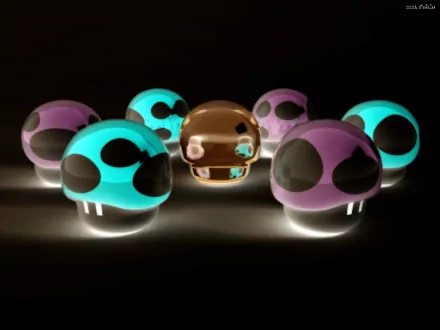 A HD desktop wallpaper featuring glowing mushrooms from the Super Mario video game series, with blue, purple, and brown caps against a dark background.