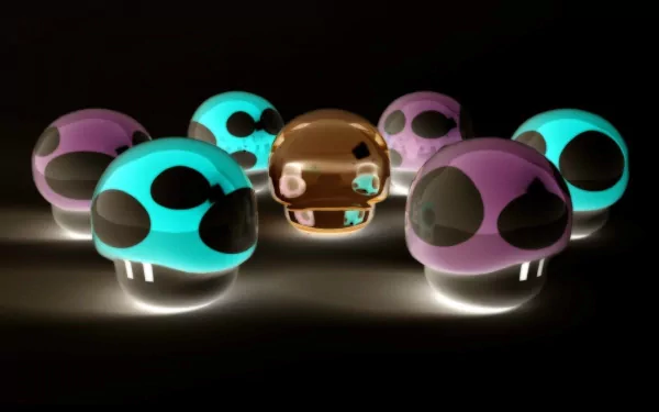 A HD desktop wallpaper featuring glowing mushrooms from the Super Mario video game series, with blue, purple, and brown caps against a dark background.