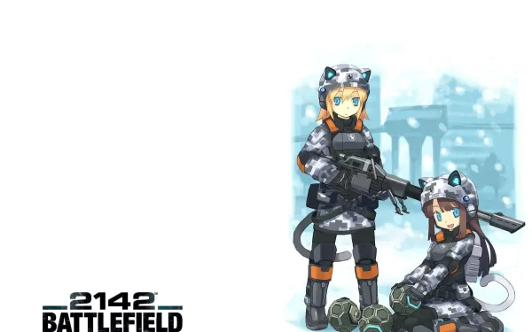 A colorful HD wallpaper from Battlefield 2142 features two military characters in cat-themed gear, with one holding a gun and the other sitting with grenades in a snowy setting.