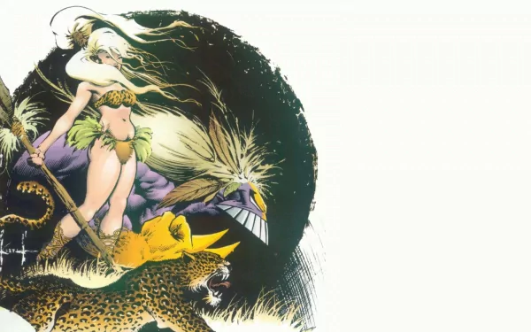 HD PC desktop wallpaper featuring comic art from The Maxx, showcasing a dynamic scene with a muscular purple figure, a leopard, and a woman with long flowing hair.