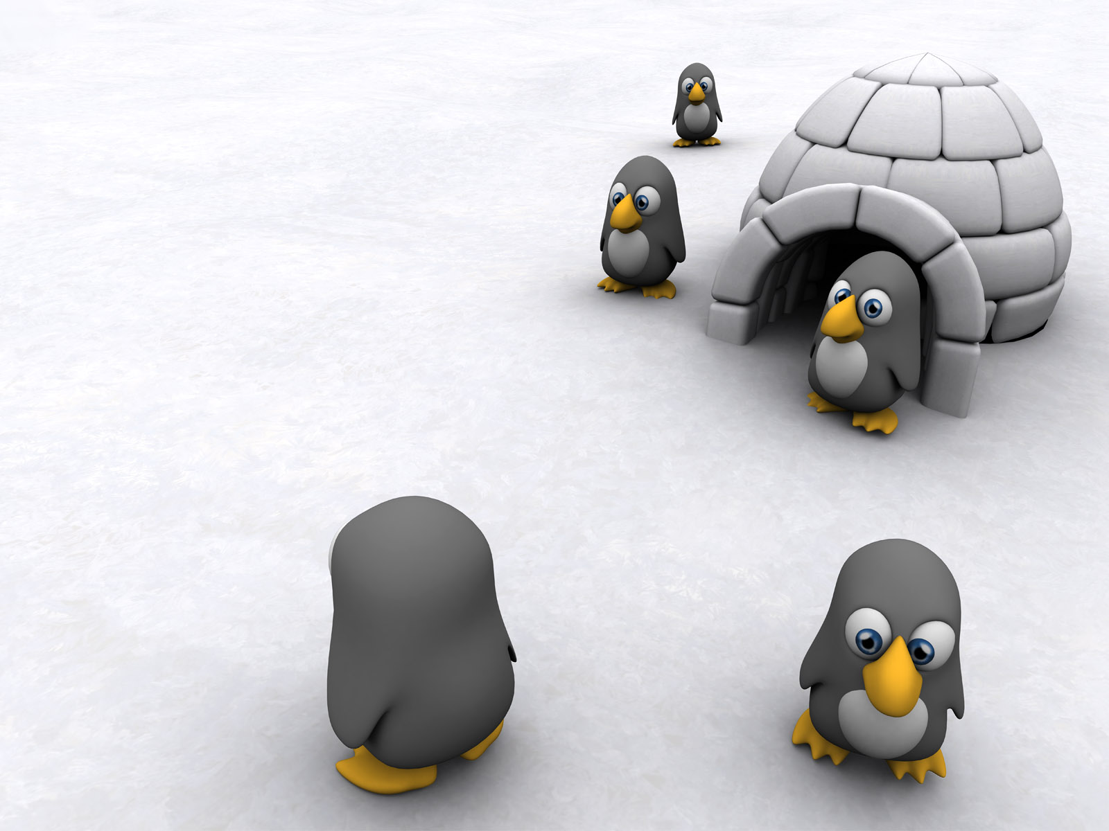 Penguin in front of an igloo.