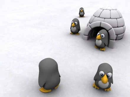 Artistic HD desktop wallpaper and background featuring cute penguins and an igloo on snowy ground.