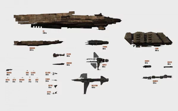 A detailed HD desktop wallpaper featuring various ships from the video game EVE Online, showcasing a range of spacecraft with labels and descriptions.