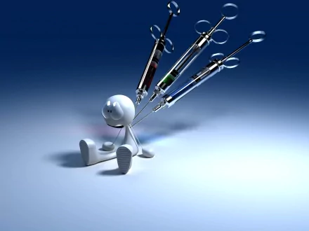 HD digital art desktop wallpaper featuring a white, cartoon-like figure with syringes in the background, creating a surreal and introspective scene.