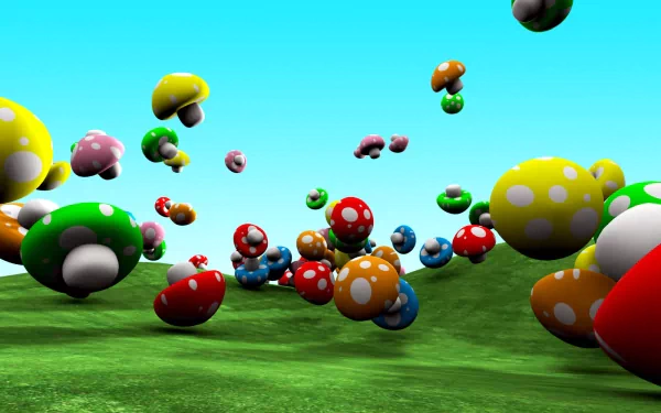 HD desktop wallpaper featuring a vibrant Super Mario landscape with colorful mushrooms floating over green hills under a clear blue sky.