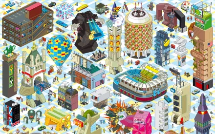 Artistic eboy HD desktop wallpaper and background depicting a vibrant, urban cityscape with intricate, colorful buildings and bustling scenes.