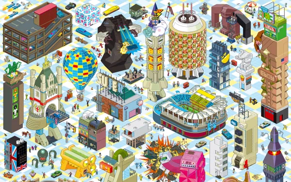 Artistic eboy HD desktop wallpaper and background depicting a vibrant, urban cityscape with intricate, colorful buildings and bustling scenes.