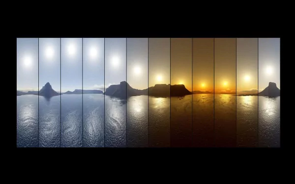 A stunning HD desktop wallpaper showcasing a series of photographs capturing the shifting light over a mountainous landscape from dawn to dusk, illustrating the change of day in a beautiful natural setting.