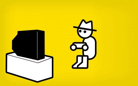 HD PC desktop wallpaper featuring Zero Punctuation's iconic minimalist character playing video games against a bright yellow background.