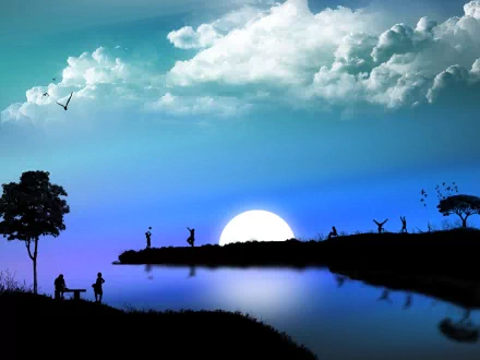 Artistic vector HD wallpaper featuring silhouettes of people and trees against a serene lakeside sunset backdrop, with a gradient sky of blue and green hues and large, fluffy clouds.