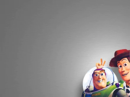 Woody and Buzz Lightyear from Toy Story pose playfully against a minimalist gray background, creating a vibrant HD desktop wallpaper for fans of the beloved movie.