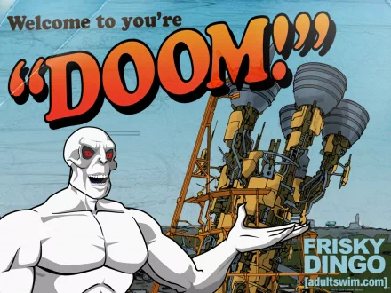HD PC desktop wallpaper and background from TV show Frisky Dingo: white skull-faced villain gestures toward towering industrial machinery beneath a bold red DOOM! logo.