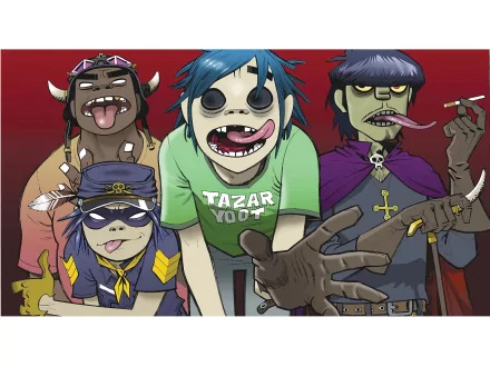 HD desktop wallpaper and background featuring the animated band Gorillaz, with colorful, expressive characters posed against a red gradient backdrop.