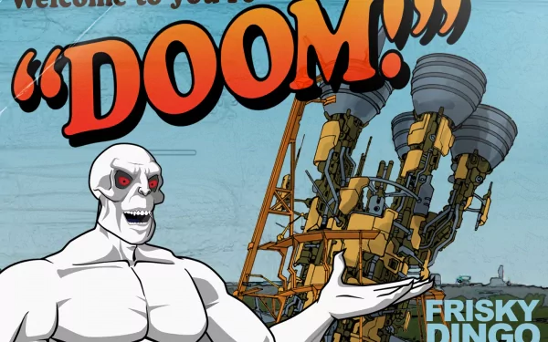 HD PC desktop wallpaper and background from TV show Frisky Dingo: white skull-faced villain gestures toward towering industrial machinery beneath a bold red DOOM! logo.
