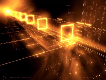 HD desktop wallpaper featuring a cool, abstract representation of technology with glowing orange geometric shapes and lines on a black background, emitting a futuristic and dynamic vibe.