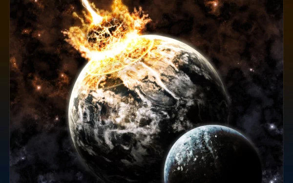 A stunning HD wallpaper depicting a sci-fi cosmic collision, featuring a fiery impact on a planet amidst a starry backdrop, evoking a sense of dramatic celestial chaos.