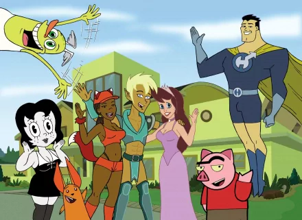 A colorful HD wallpaper featuring characters from the animated TV show Drawn Together, showcasing a diverse group in a vibrant setting, reflecting the show's unique humor and style.