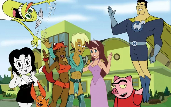 A colorful HD wallpaper featuring characters from the animated TV show Drawn Together, showcasing a diverse group in a vibrant setting, reflecting the show's unique humor and style.