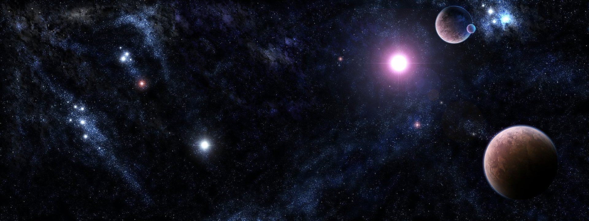 HD Sci-Fi desktop wallpaper depicting a distant planet with a vivid pink star amidst a galaxy filled with stars and nebulae.