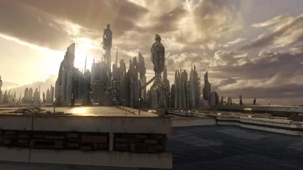 HD desktop wallpaper featuring the futuristic cityscape of Atlantis from the TV show Stargate Atlantis, with towering buildings against a dramatic sky backdrop.