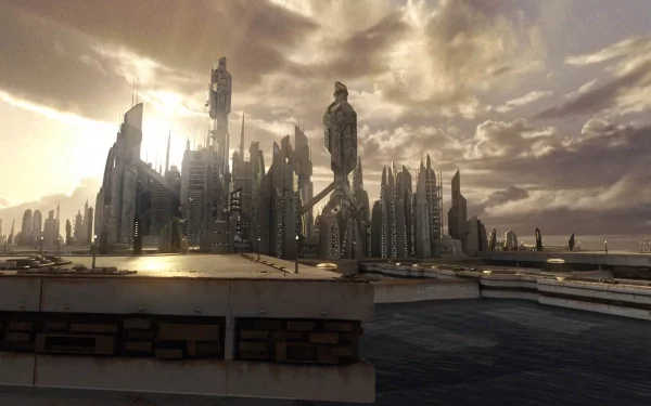 HD desktop wallpaper featuring the futuristic cityscape of Atlantis from the TV show Stargate Atlantis, with towering buildings against a dramatic sky backdrop.