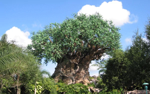 HD desktop wallpaper of the man-made Tree of Life at Walt Disney World, surrounded by lush greenery under a bright blue sky with scattered clouds.