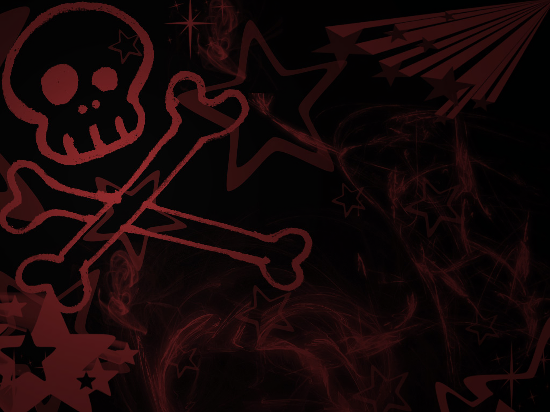 A dark HD desktop wallpaper featuring a red skull and crossbones, surrounded by abstract star patterns and smoky, intricate backgrounds.