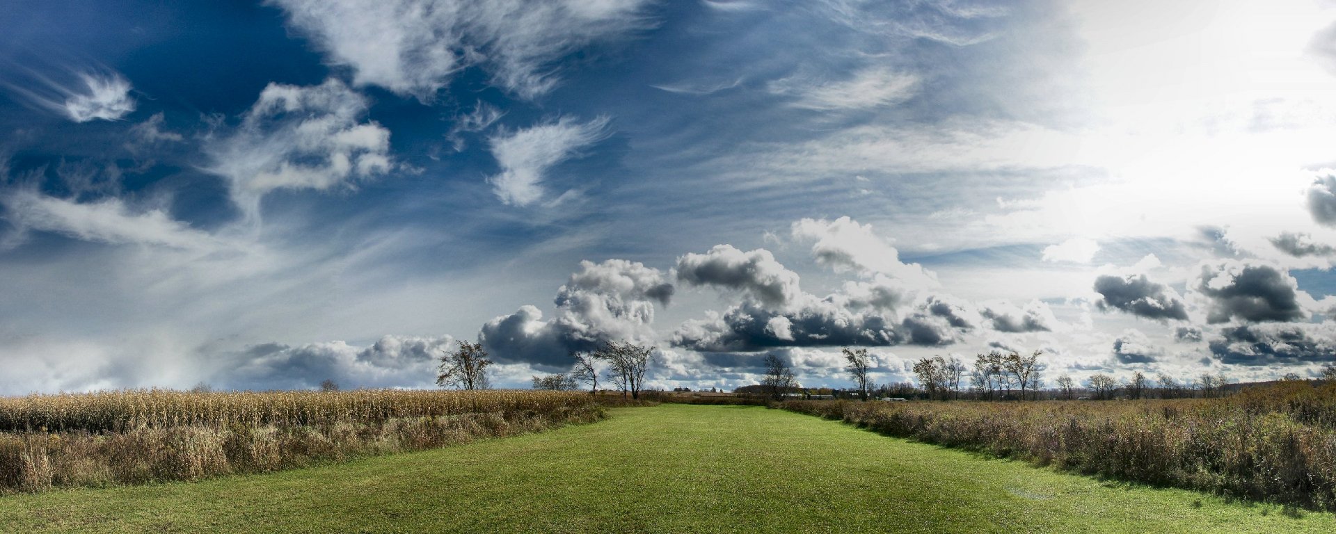 A serene landscape featuring a lush green field under a dramatic sky filled with clouds, providing a captivating nature scene for a HD desktop wallpaper.