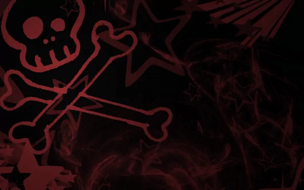 A dark HD desktop wallpaper featuring a red skull and crossbones, surrounded by abstract star patterns and smoky, intricate backgrounds.
