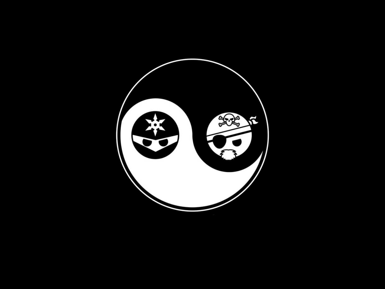A whimsical HD wallpaper featuring a pirate and ninja in a yin-yang design, both with smiley expressions, adding a fun touch to any desktop background.