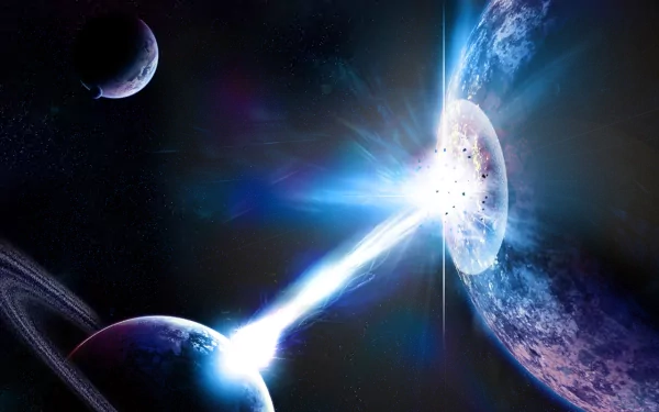 HD Dragon Ball anime wallpaper featuring an intense cosmic battle scene, with a powerful energy beam impacting a distant planet, set against a backdrop of stars and other planets.