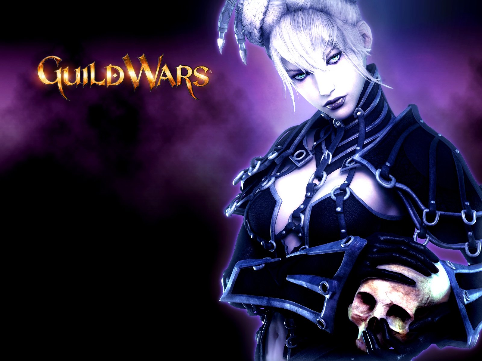High-definition wallpaper featuring a character from the video game Guild Wars, set against a dramatic purple background, showcasing a dark and fantasy-inspired aesthetic.