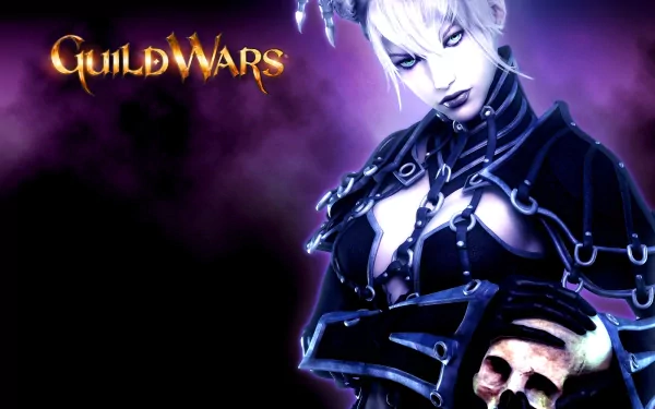 High-definition wallpaper featuring a character from the video game Guild Wars, set against a dramatic purple background, showcasing a dark and fantasy-inspired aesthetic.