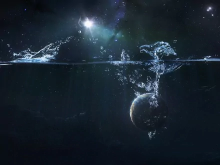 A captivating sci-fi HD desktop wallpaper featuring a planet submerged in water with starlit space in the background.