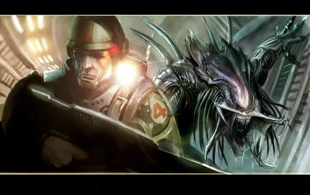 HD PC desktop wallpaper featuring intense artwork from the video game Aliens: Colonial Marines, showing a Marine facing off against a menacing alien creature.