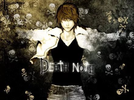 HD wallpaper featuring Light Yagami from the anime Death Note. He has brown hair, red eyes, and stands against a dark, skull-patterned background, wearing a black shirt and white jacket.