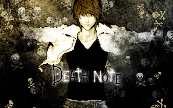 HD wallpaper featuring Light Yagami from the anime Death Note. He has brown hair, red eyes, and stands against a dark, skull-patterned background, wearing a black shirt and white jacket.