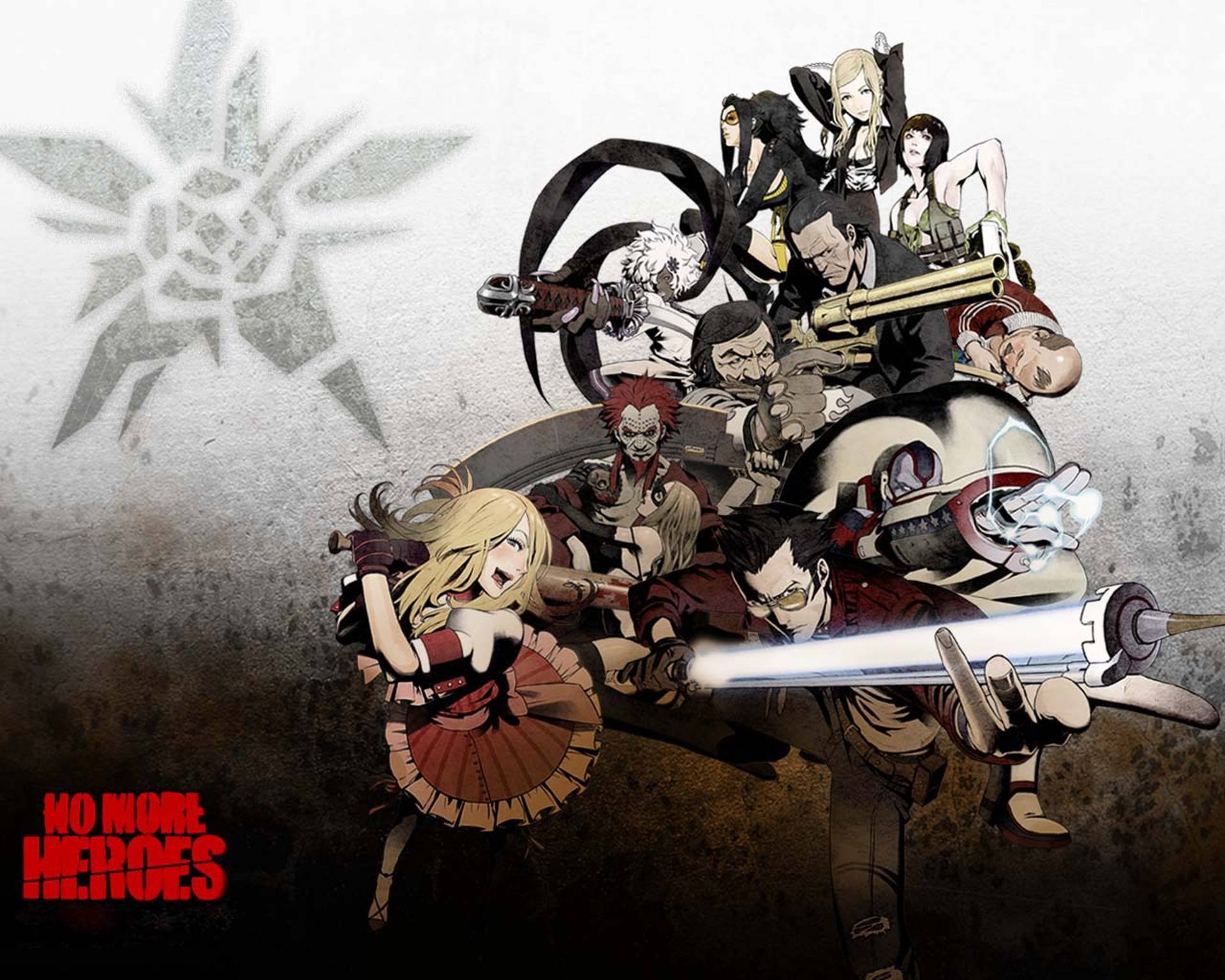 A vibrant HD wallpaper from the video game No More Heroes, featuring dynamic characters in a striking pose against a textured background, showcasing the game's unique art style.