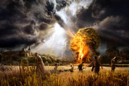 HD desktop wallpaper featuring a dramatic fantasy scene with gods, a fiery tree struck by lightning in a field under ominous clouds. People stand in awe of the powerful spectacle.