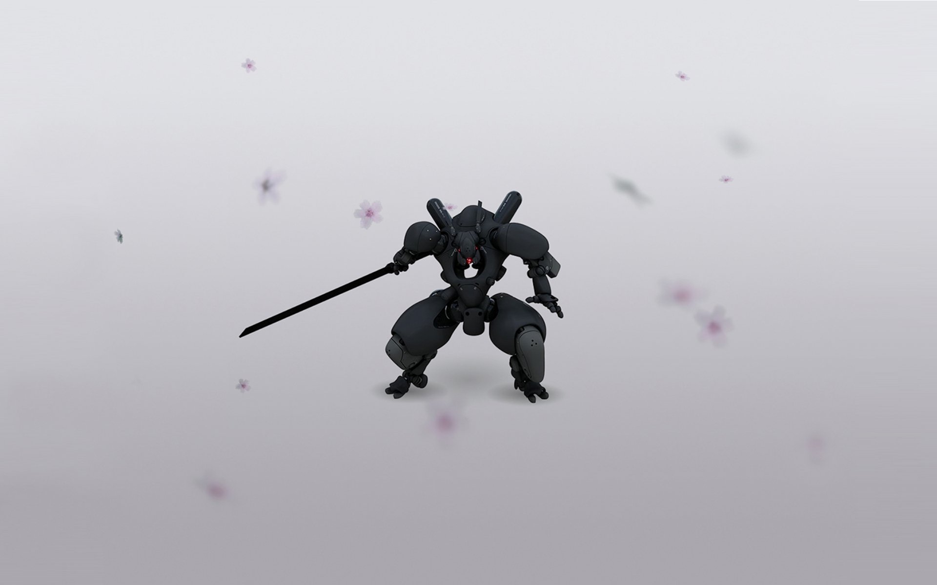 HD PC desktop wallpaper featuring a dark anime-style mech robot wielding a sword against a minimalistic gray background.