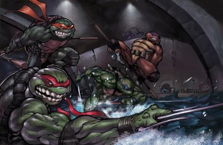 HD desktop wallpaper of the Teenage Mutant Ninja Turtles - Raphael, Donatello, Leonardo, and Michelangelo - in an action scene in a sewer, showcasing their unique weapons and intense expressions.