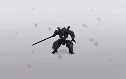 HD PC desktop wallpaper featuring a dark anime-style mech robot wielding a sword against a minimalistic gray background.