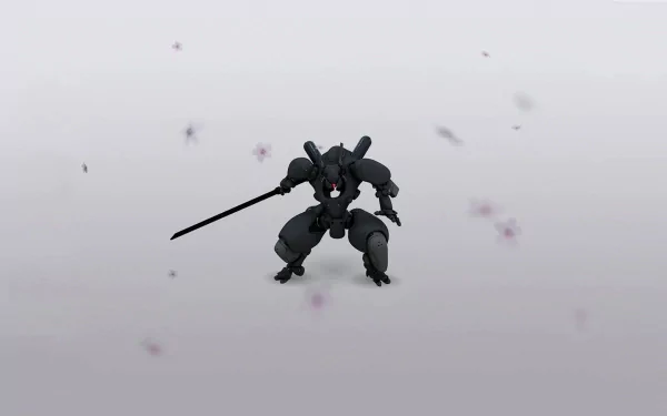 HD PC desktop wallpaper featuring a dark anime-style mech robot wielding a sword against a minimalistic gray background.